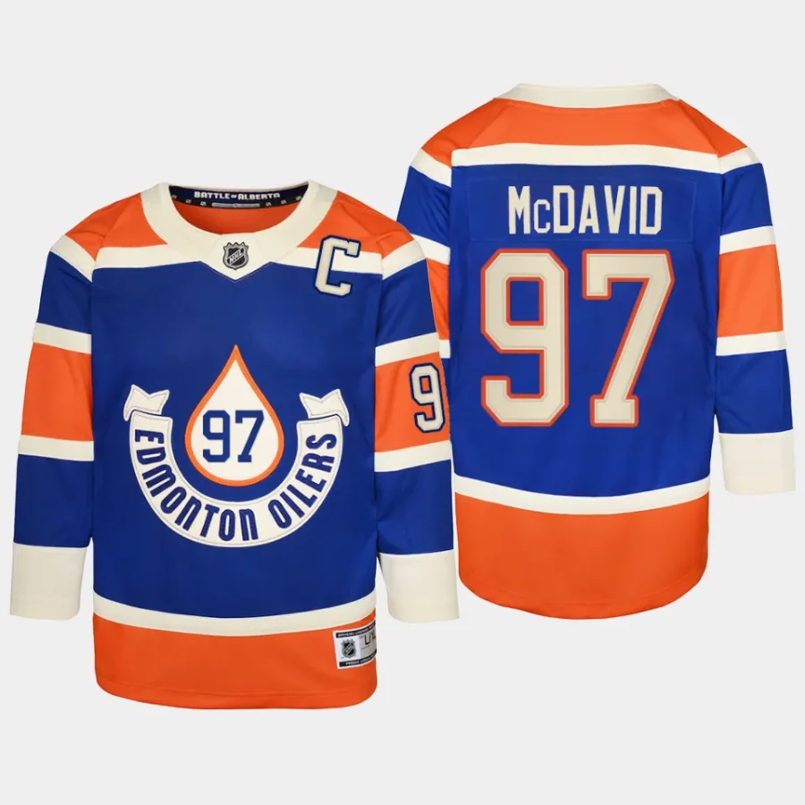 youth oilers connor mcdavid royal 2023 nhl heritage classic premier player jersey