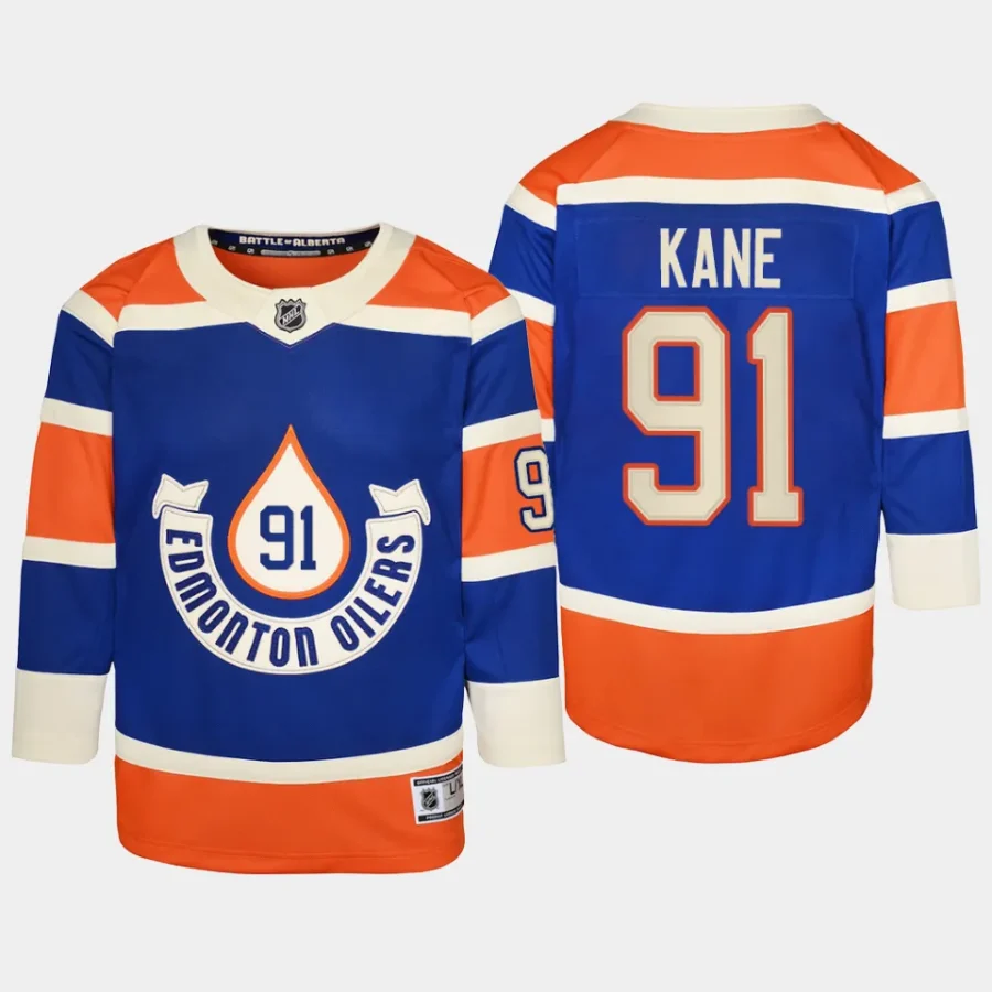 youth oilers evander kane royal 2023 nhl heritage classic premier player jersey