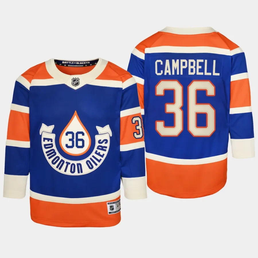 youth oilers jack campbell royal 2023 nhl heritage classic premier player jersey