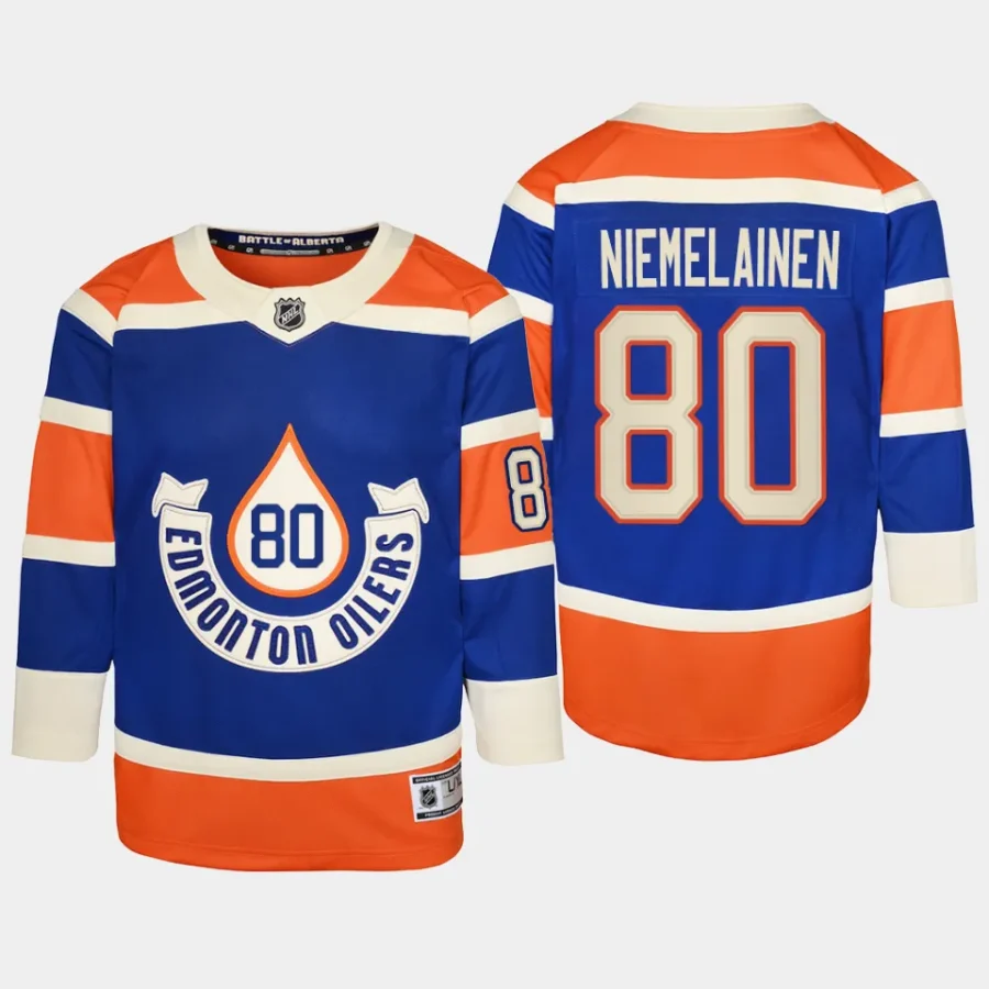 youth oilers markus niemelainen royal 2023 nhl heritage classic premier player jersey