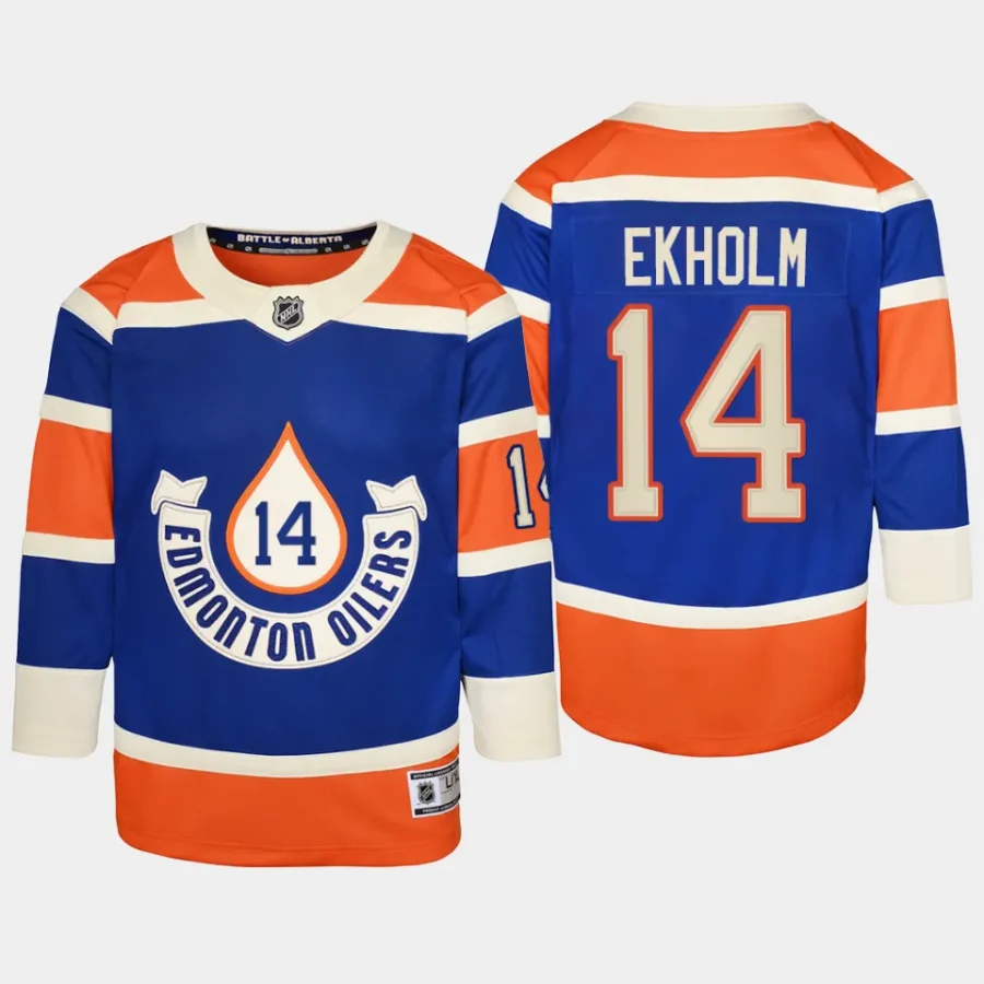 youth oilers mattias ekholm royal 2023 nhl heritage classic premier player jersey