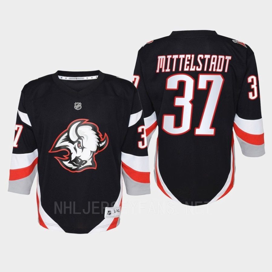 youth sabres casey mittelstadt black 2022 23 goathead third replica player jersey